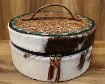 Western-Tooling schnitzen Haare auf Schmuck Fall Handgefertigte Leder Rindsleder Schmuck Veranstalter Valentine Geschenk Schmuck Reise-Etui für Frauen