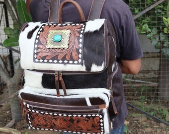 Tooled Leather Cowhide Backpack Handmade Leather Rucksack Valentine Gift For Women Leather Shoulder Backpack Laptop Backpack For Men Women