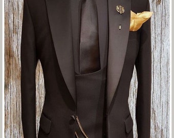 Man black 3 piece suit-bespoke suit-prom, dinner, party wear suit-wedding suit for groom & groomsmen suit-men's black suits
