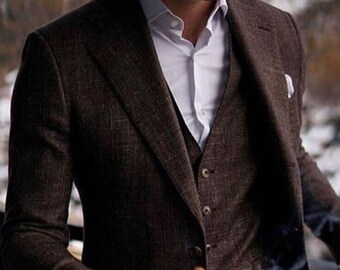 Brown Tweed Men&#39;s 3-Piece Suit – Groomsmen Wedding Suit, Slim Fit Formal Attire, Valentine Gift, Dinner Suit for Men