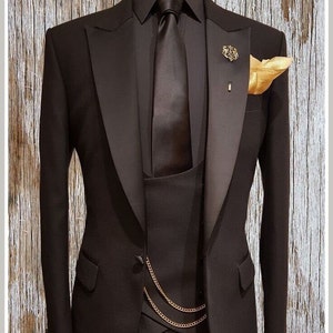 Man black 3 piece suit-bespoke suit-prom, dinner, party wear suit-wedding suit for groom & groomsmen suit-men's black suits