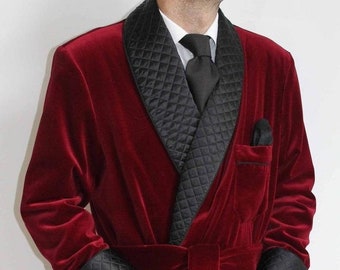 Men long Smoking Robe Jacket in Maroon and green Quilted Velvet New arrival for Elegant Hosting Evening Party Wear Long Coat