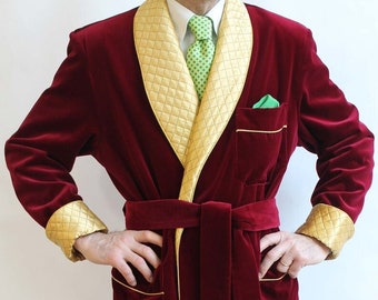 Men's Smoking Robe Maroon Velvet Long Coat Hosting Evening Dinner Party Wear Coat with yellow lapel-customized jacket