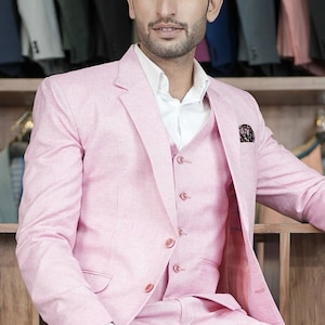 Men's Pink Linen Suit - Beach Wedding and Summer Suit - Groom, Prom, Party Wear Custom Suit Gift