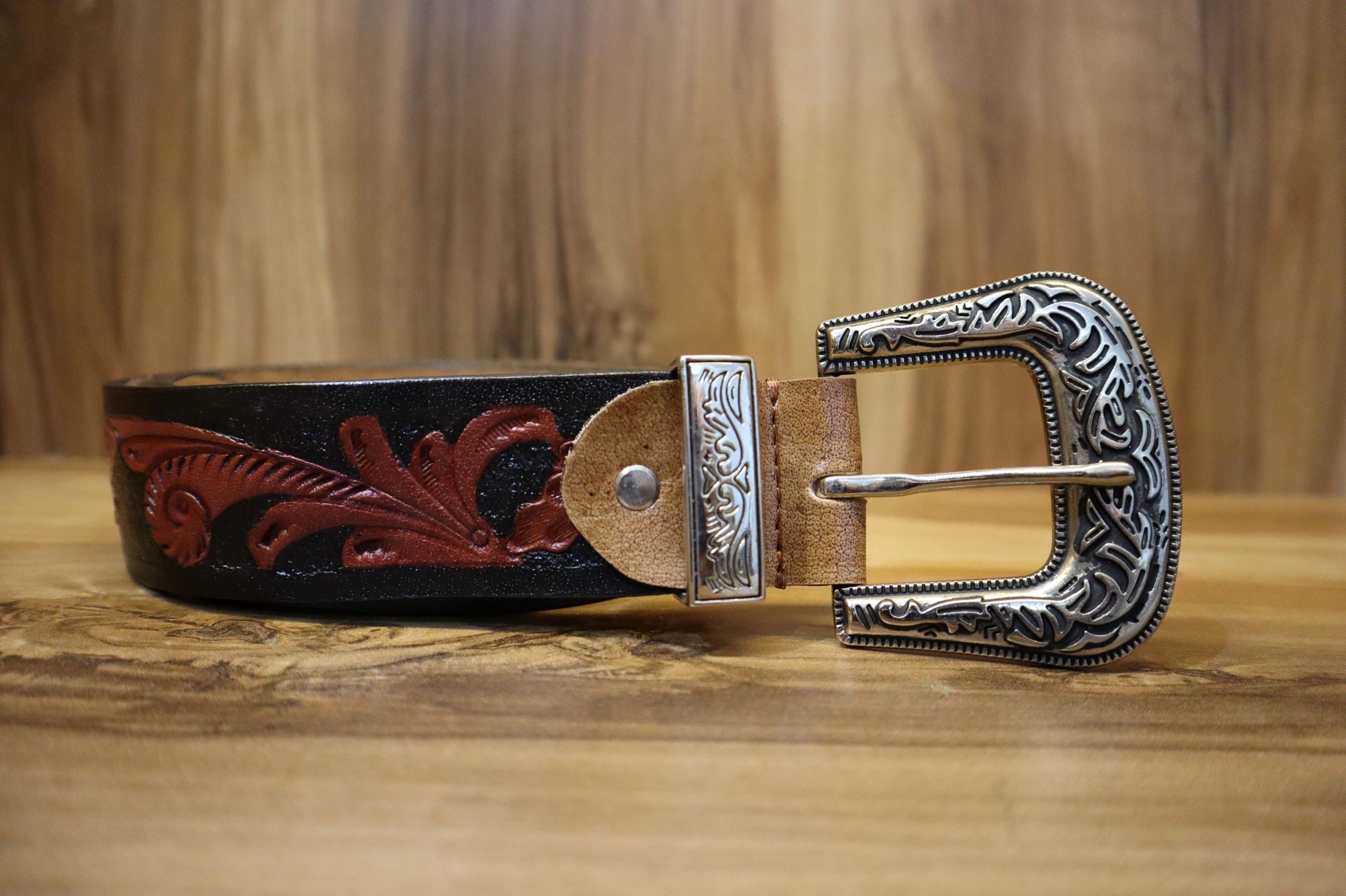 Classic Leather Belt With Intricate Designs, Hand-carved