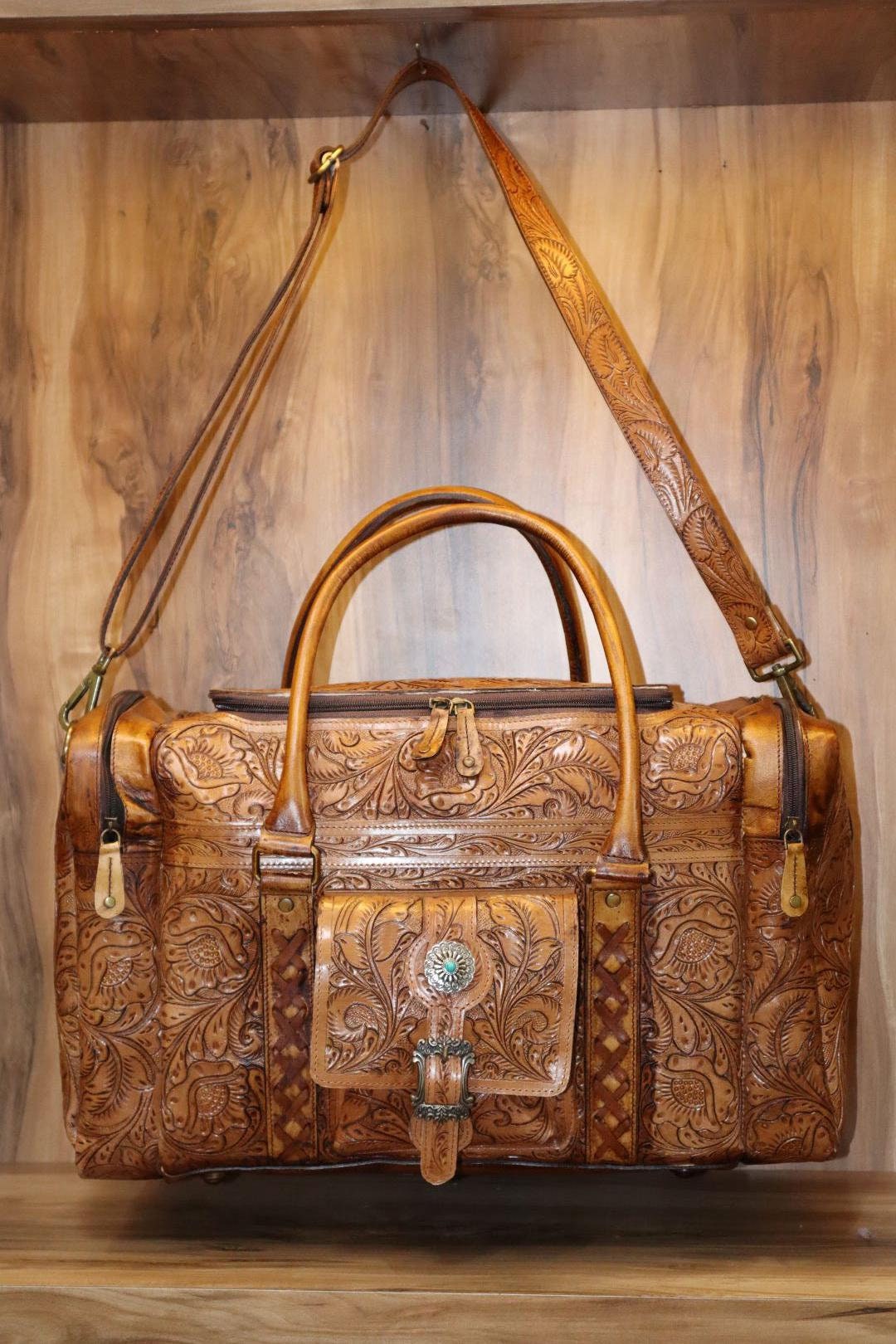 Leather Duffle Bag Hand Tooled Leather Bag Ohlay Bags OHM101A