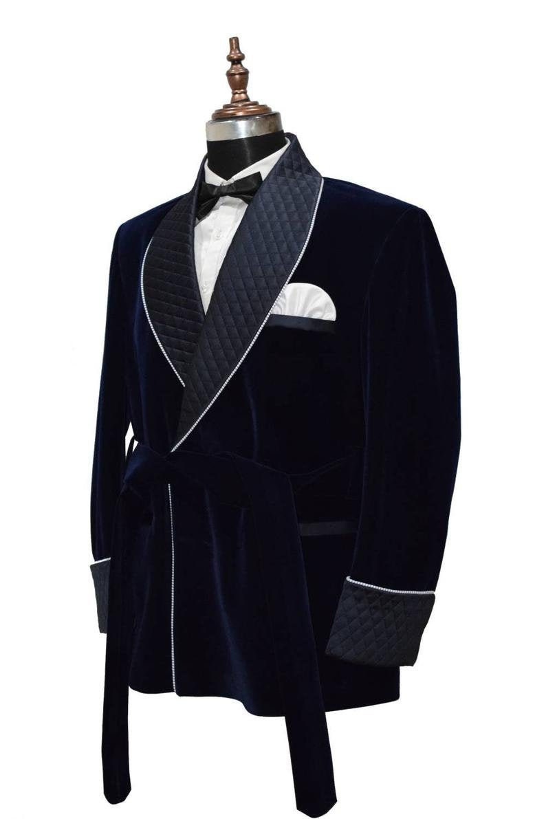 Men/'s Quilted Navy Blue Velvet Smoking Jacket Hosting Dinner Party Wear Jacket Blazers