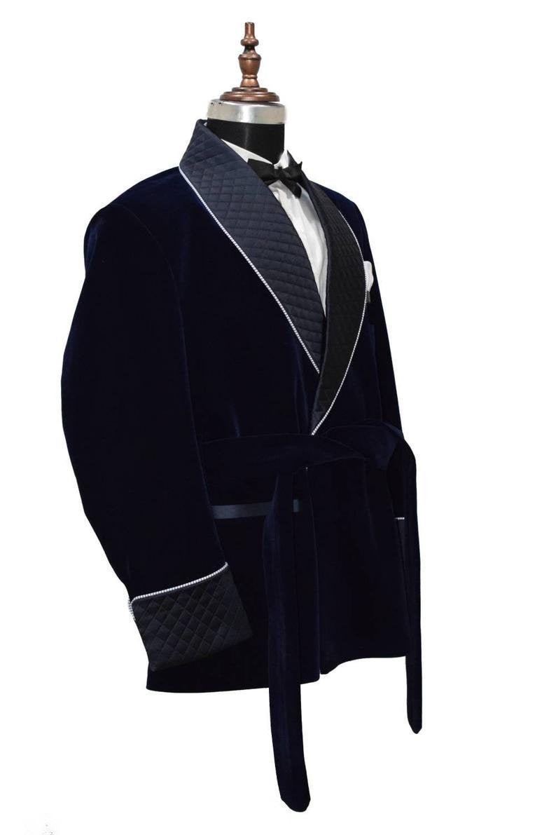 Men/'s Quilted Navy Blue Velvet Smoking Jacket Hosting Dinner Party Wear Jacket Blazers