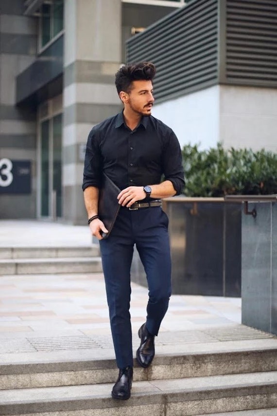 Mens Cotton Unstitched black Shirt and blue pant Formal Trousers Fabric  Set Top  Bottom Fabric