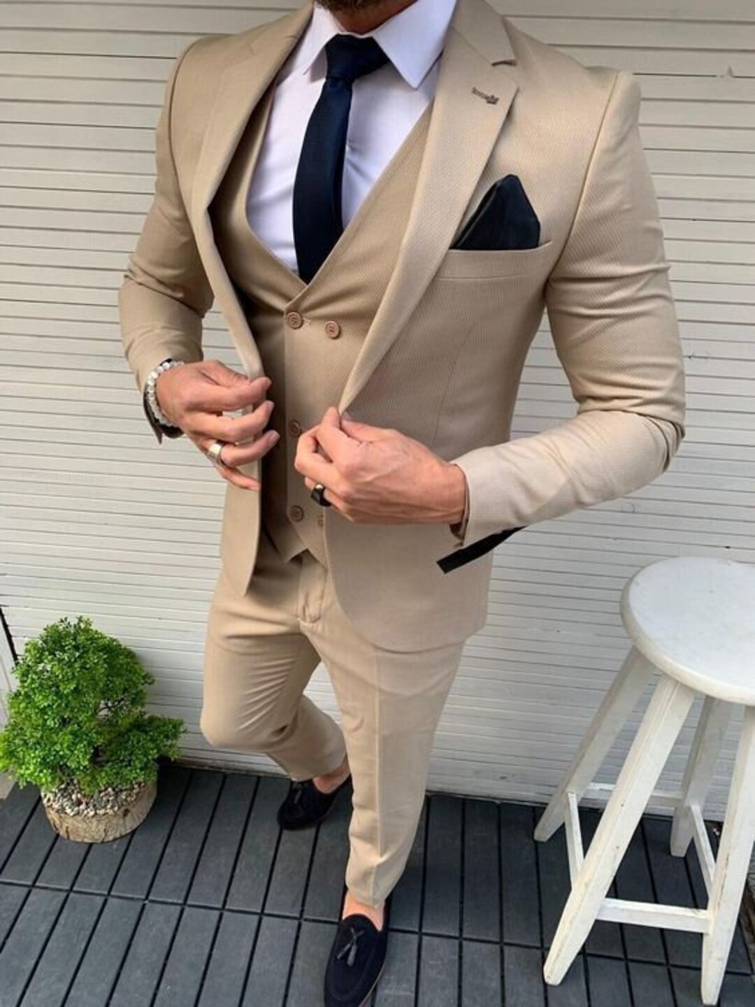 Man Beige 3 Piece Suitwedding Suit for Groom & Groomsmen Suitdinner, Prom, Party Wear Suit