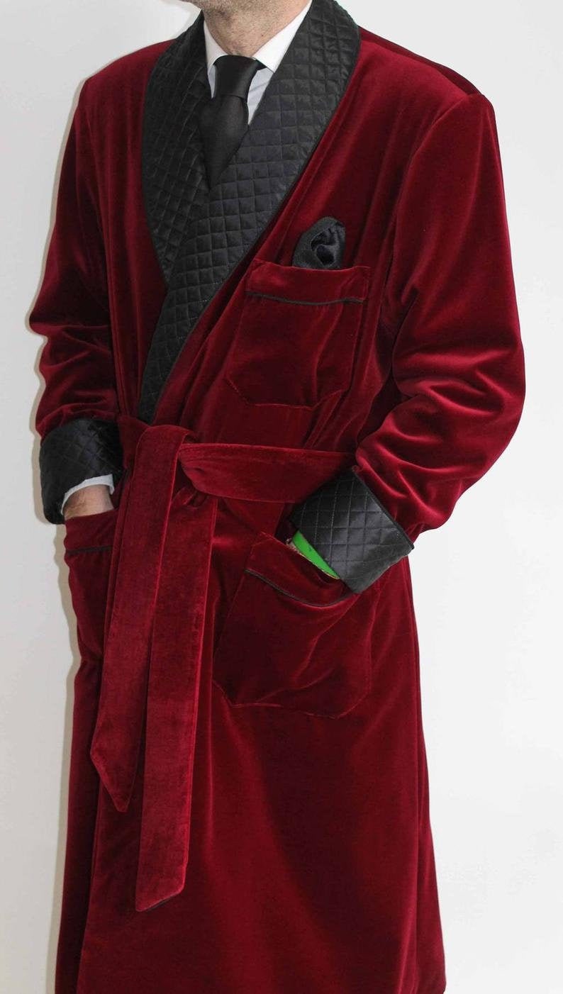 Men Long Smoking Robe Jacket in Maroon and Green Quilted Etsy