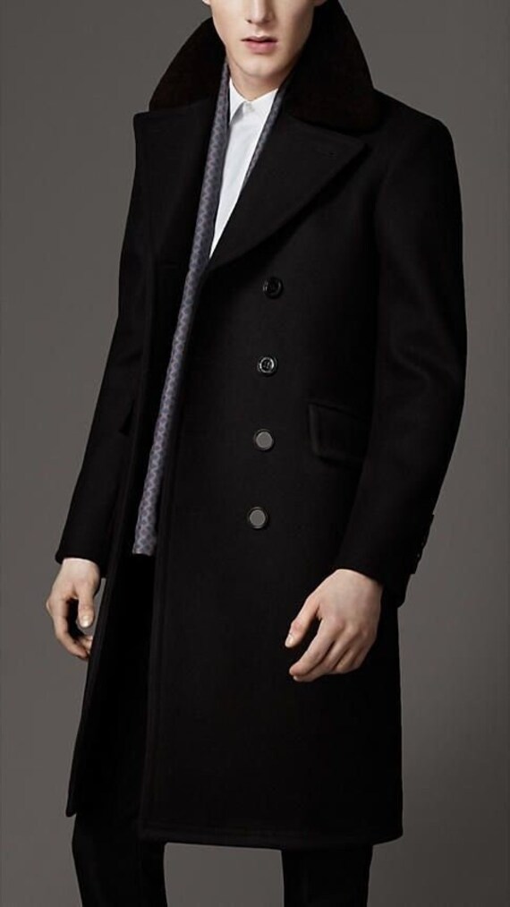 Men Black Tweed Overcoat Vintage Long 