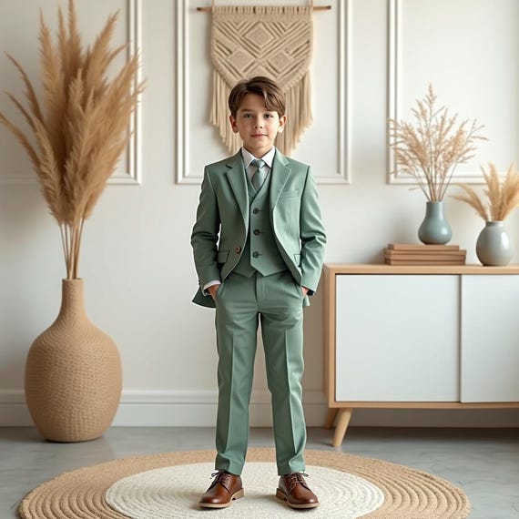 Stylish Kids Sage Green Three-Piece Suit | Toddler Formal Outfit | Ring Bearer & Prom Party Custom Suit