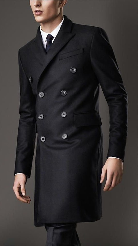 Men Black Tweed Overcoat Vintage Long 