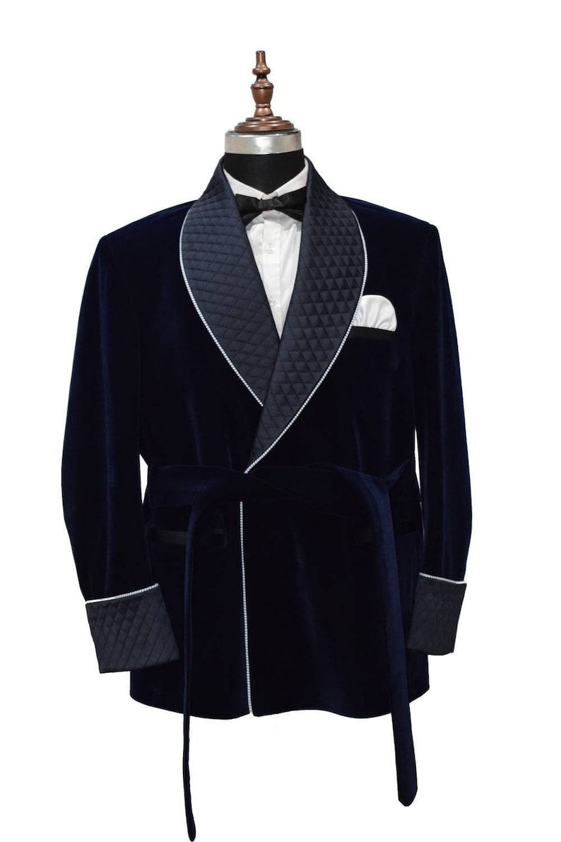 Men/'s Quilted Navy Blue Velvet Smoking Jacket Hosting Dinner Party Wear Jacket Blazers
