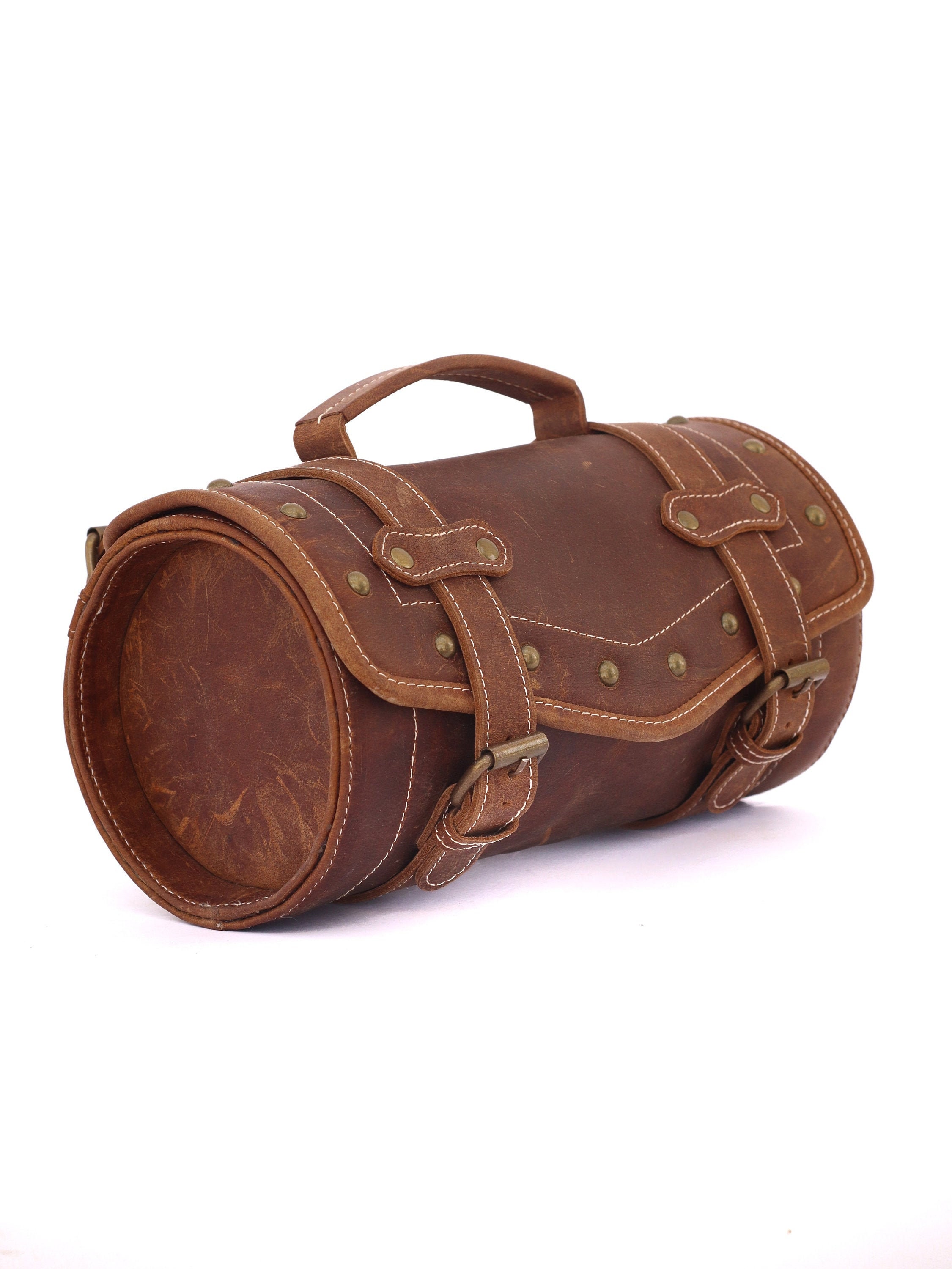 handlebar bag powersports luggage Motorcycle Saddle Bags Genuine Brown Leather roll Pouch Side fork Tool Pouch motorcycle accessories Brown 