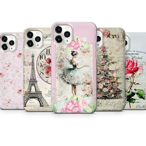 May include: Four different iPhone cases with floral and vintage designs. The cases feature a ballerina, a clock tower, a Christmas tree, and a rose.