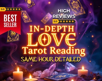 May include: A tarot card reading service with the text "IN-DEPTH LOVE Tarot Reading SAME HOUR DETAILED" in gold letters on a purple background with tarot cards and candles.