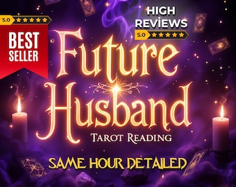 Könnte beinhalten: Ein Tarot-Lesedienst mit dem Text "Future Husband Tarot Reading Same Hour Detailed" auf einem violetten Hintergrund mit Kerzen und Tarotkarten. Die Texte "High Reviews" und "Best Seller" sind ebenfalls sichtbar.