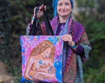 Breastfeeding Art Tote Bag: Cosmic Mother & Baby Watercolour Painting
