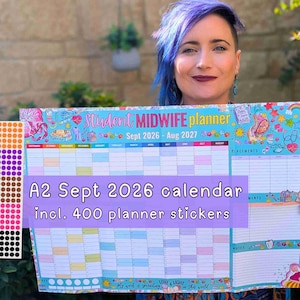 May include: A large A2 Student Midwife planner calendar for September 2026 through August 2027, featuring colourful illustrations, a grid layout, and a separate sheet of 400 small round planner stickers in various solid colours for organisation.
