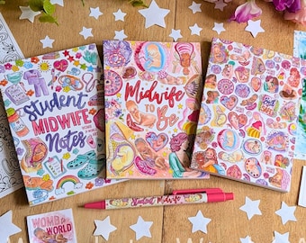 May include: Three rectangular notebooks with colorful illustrations of midwifery themes, including fetuses, medical tools, and flowers. One notebook reads Student Midwife Notes, another Midwife to Be, and a third features a pattern of babies. A pink pen and stickers are included.