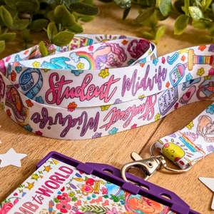 Llavero con cordón para estudiante de partería / Porta credencial con diseño de arte de nacimiento / Porta credencial de maternidad / Porta credencial de embarazo / Regalo de partería