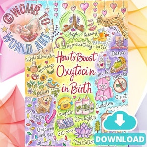 Póster de nacimiento con oxitocina A3 para descargar en formato PDF / Herramienta didáctica sobre hormonas del parto / Impresiones educativas prenatales / Doula / Partera / Hipnoparto