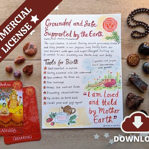 May include: A printable digital download with a red, white, and black illustration of a woman in a yoga pose. The text reads "Grounded and Safe: Supported by the Earth" and lists tools for birth, including walking barefoot in nature, using essential oils, and grounding visualizations. The text also includes the affirmation "I am Loved and Held by Mother Earth".