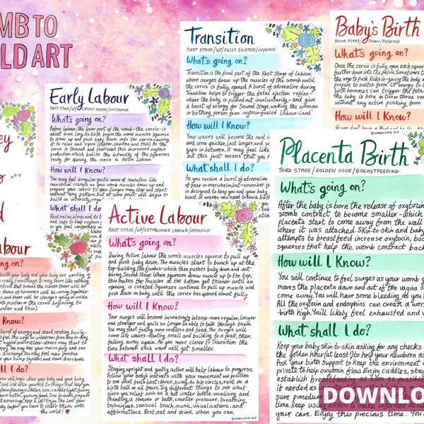 Phasen der natürlichen Geburt PDF Handouts | Vor- und Geburtsbildungs-Ausdruck-Poster | DoulaWerkzeuge | Hebamme | Wehen | Hypnobirthing