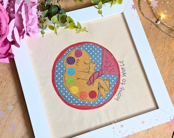 Baby in the Womb Embroidery Applique Art, Chakras in Pregnancy Framed