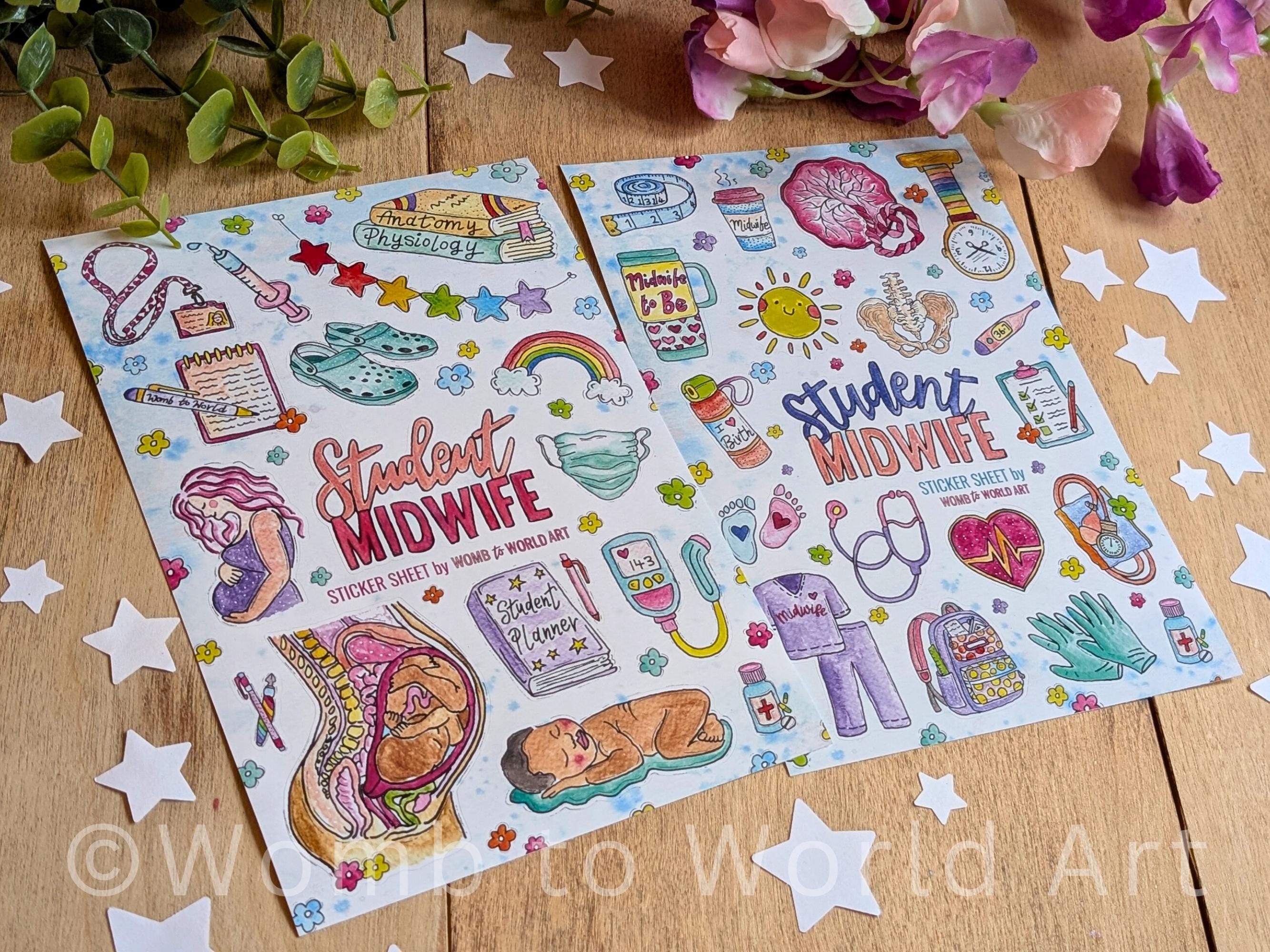 Student Midwife Vinyl Sticker Sheets 2 Pack | Waterproof Laptop Sticker, Bottle or Folder Stickers | Midwifery Stickers | Student Gifts