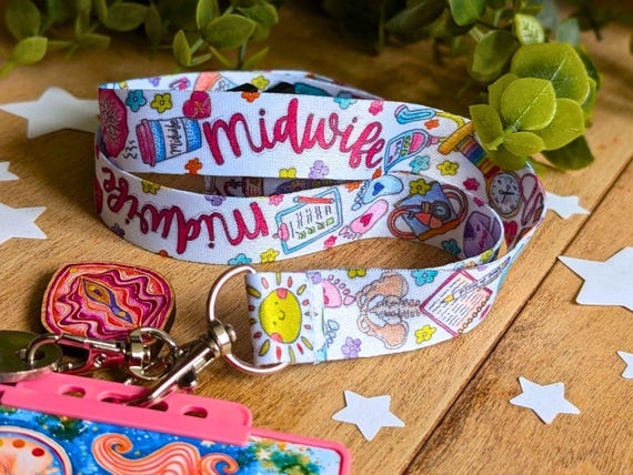 Midwife Lanyard: Watercolour Birth Art, ID Badge Holder for Midwives