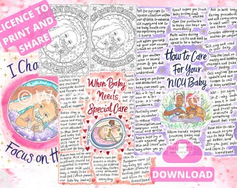 May include: A colorful illustration with text that reads "How to Care for Your NICU Baby". The illustration shows a couple holding a baby in a hospital bed. The illustration is surrounded by text with tips for caring for a baby in the NICU.