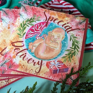 Pak kerstkaarten speciale bezorging | Eerste kerst van Bump | Zwangerschapskaart | Prenatale lescadeaus | Doula-klantenkaart