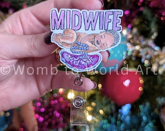 Midwife Badge Reel: Watercolour Baby Art Midwife Gift ID Card Holder - New Midwife Gifts