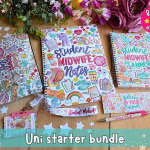May include: A colourful student midwife starter bundle featuring a notebook, planner, lanyard, pen, and card holder. The notebook and planner have spiral bindings and are decorated with medical-themed illustrations. The text "Student Midwife Notes" and "Student Midwife Planner" are visible.
