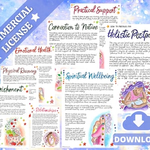 May include: A colorful digital illustration with the text "How to Prepare for Holistic Postpartum" and a cloud with a download arrow. The illustration features a woman holding a baby, surrounded by hearts and flowers. The text "Holistic Postpartum" is in a bold, handwritten font.