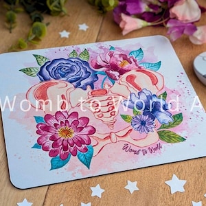 Pelvis Anatomy Art Mouse Pad: Floral Watercolor, Midwife OBGYN Gift