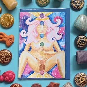Tarjeta de felicitación de tamaño A6 sobre los chakras del nacimiento / Doula de parto espiritual / Partera estudiante / Nueva madre / Arte de parto / Tarjetas de embarazo