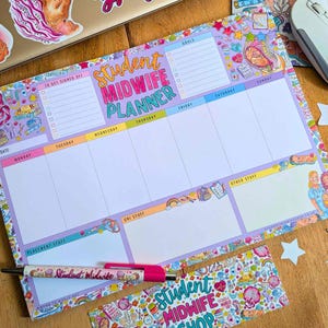 May include: A Student Midwife Planner with a vibrant design, featuring sections for each day of the week, goals, and other notes. Includes a matching pen and decorative elements. The planner is designed for students in the midwifery field.