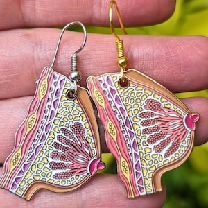 May include: A pair of earrings featuring a detailed anatomical illustration of a human breast. The earrings are made of metal and have a gold and silver finish. The earrings are a unique and interesting piece of jewelry.