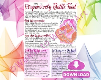 May include: A pink and white illustrated guide with the title "Responsively Bottle Feed". The guide provides tips for feeding a baby with a bottle, including how to hold the baby, how to let the baby pace the feed, and how to look for baby's cues. The guide also includes a drawing of a mother holding a baby.