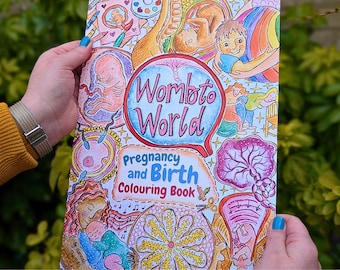 Peut inclure: Un livre de coloriage coloré intitulé "Wombto World Pregnancy and Birth Coloring Book" avec des illustrations d'une femme enceinte, d'un bébé et d'un utérus. Le livre est conçu pour les adultes et présente une variété de motifs complexes.