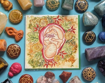 Aquarel wenskaart baby in de baarmoeder: prenatale educatie zwangerschapskunst