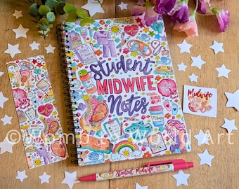 May include: A white spiral bound notebook with a colorful illustration of medical and pregnancy related items. The notebook has the text "Student Midwife Notes" on the cover. The notebook is accompanied by a bookmark and a sticker with the text "Midwife Be".