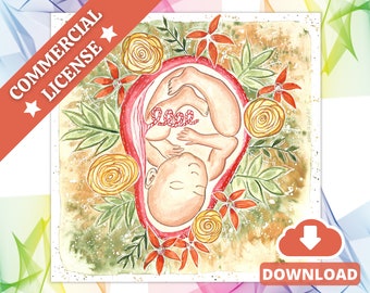 Baby in the Womb Art Digital Print | Watercolour Fetus 10" Painting | Midwife | Birthkeeper | Doula