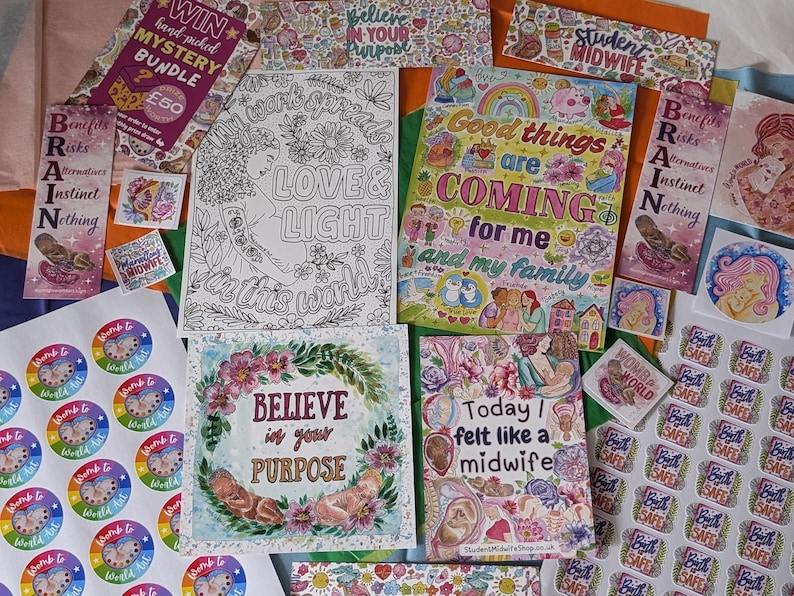 May include: A collection of printed paper stationery including coloring pages, bookmarks, and stickers. Items feature illustrations of fetuses, floral wreaths, and text such as Good things are coming for me and my family, Love & Light, and Student Midwife.