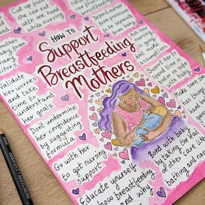 Könnte beinhalten: Aquarell-Illustration mit dem Titel "Wie man stillende Mütter unterstützt" mit rosa und lila Akzenten. Das Bild zeigt eine Mutter, die ihr Baby stillt, umgeben von Herzen und unterstützenden Ratschlägen. Ein Stift, ein Bleistift und ein Pinsel befinden sich im Vordergrund.
