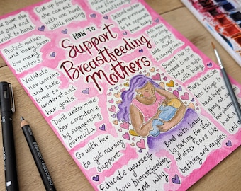 May include: Watercolor illustration titled "How to Support Breastfeeding Mothers" with pink and purple accents. The image features a mother breastfeeding her baby, surrounded by hearts and supportive advice. A pen, pencil, and paintbrush are in the foreground.
